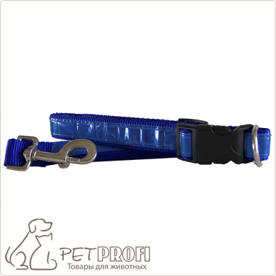 Комплект поводок+ошейник для собак из нейлона с отражателями синий FreeDog